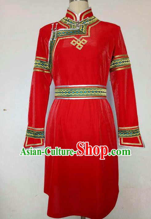 Traditional Chinese Mongol Nationality Dance Costume Handmade Red Mongolian Robe, China Mongolian Minority Nationality Princess Dress Clothing for Women