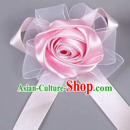 Top Grade Wedding Accessories Decoration Corsage, China Style Wedding Car Ornament Pink Rose Flowers Bride Bridegroom Ribbon Brooch