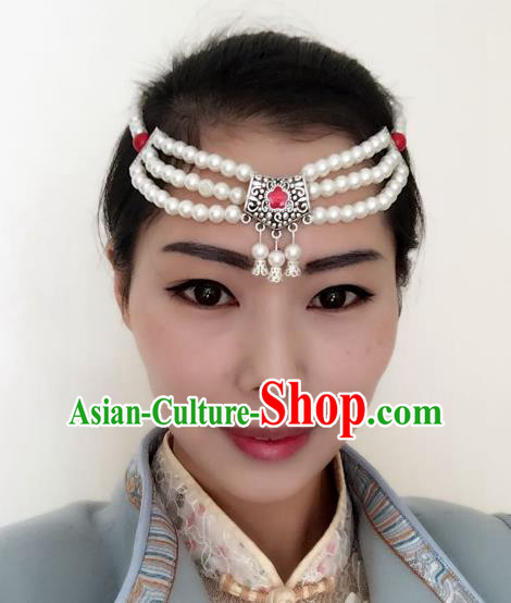 Traditional Handmade Chinese Mongol Nationality Dance Headwear Headband, China Mongolian Minority Nationality Pearls Hair Accessories Headpiece for Women