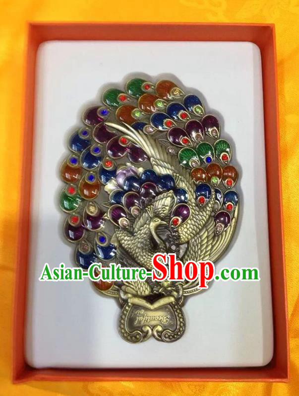 Traditional Handmade Chinese Mongol Nationality Crafts Colorful Peacock Pocket Mirror, China Mongolian Minority Nationality Cloisonne Mirror for Women