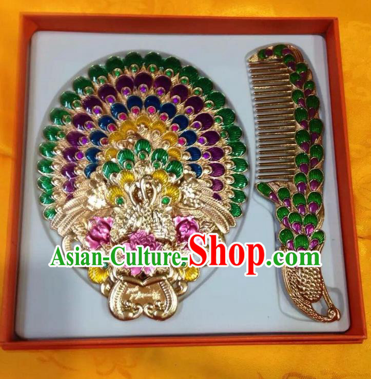 Traditional Handmade Chinese Mongol Nationality Crafts Hair Comb and Peacock Pocket Mirror, China Mongolian Minority Nationality Cloisonne Mirror for Women