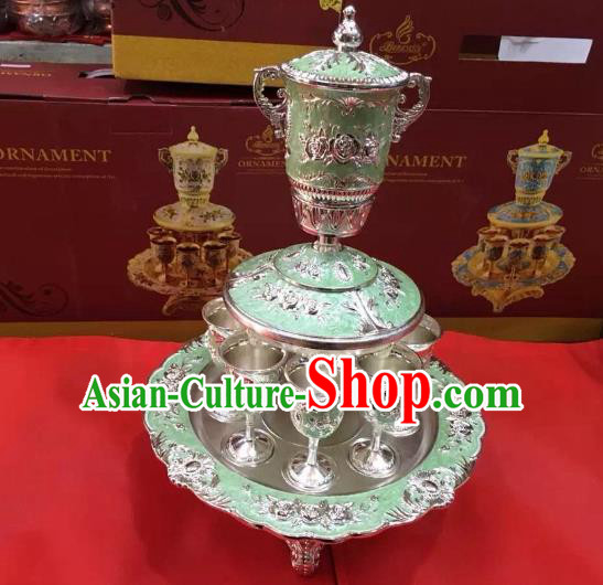 Traditional Handmade Chinese Mongol Nationality Crafts Light Green Wine Set, China Mongolian Minority Nationality Cloisonne Carving Flagon and Drinking Cup