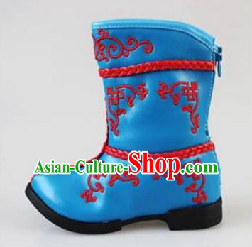 Traditional Chinese Minority Mongol Nationality Dance Shoes, Ethnic Minorities Mongolian Boots Blue Embroidery Boots for Kids
