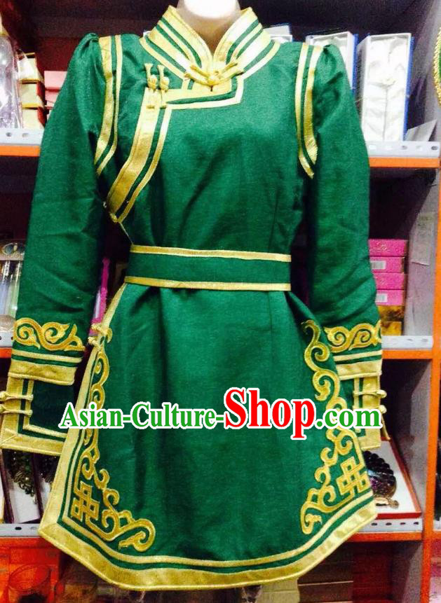 Traditional Chinese Mongol Nationality Dance Costume Handmade Embroidery Mongolian Robe, China Mongolian Minority Nationality Green Dress for Women