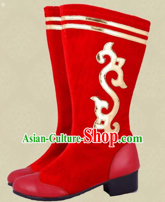 Traditional Chinese Minority Mongol Nationality Dance Red Shoes, Ethnic Minorities Mongolian Wedding Boots Embroidery Boots for Women