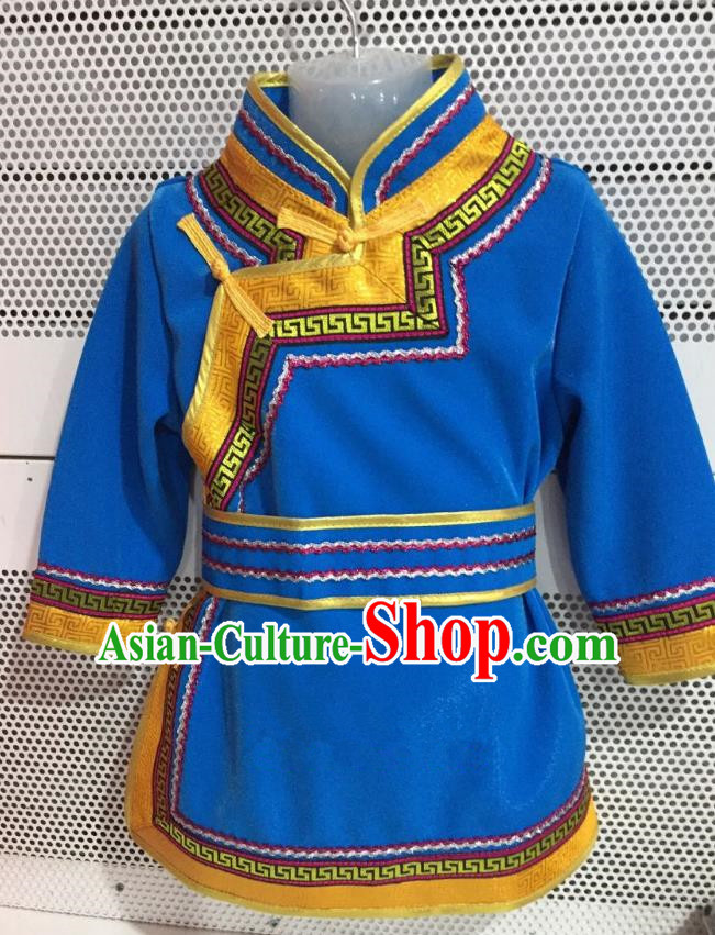 Traditional Chinese Mongol Nationality Dance Costume Handmade Embroidery Mongolian Robe, China Mongolian Minority Nationality Blue Dress for Kids