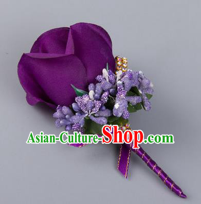 Top Grade Wedding Accessories Decoration Flower Corsage, China Style Wedding Ornament Champagne Bridegroom Purple Rose Brooch