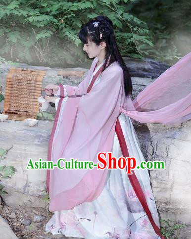 Traditional Ancient Chinese Costume Jin Dynasty Pink Big Sleeve Cardigan Blouse and Dress, Elegant Hanfu Clothing Chinese Palace Princess Costume for Women