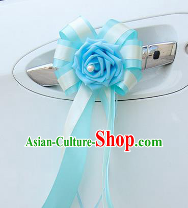 Top Grade Wedding Accessories Decoration, China Style Wedding Car Bowknot Blue Flowers Bride Long Ribbon Garlands Ornaments
