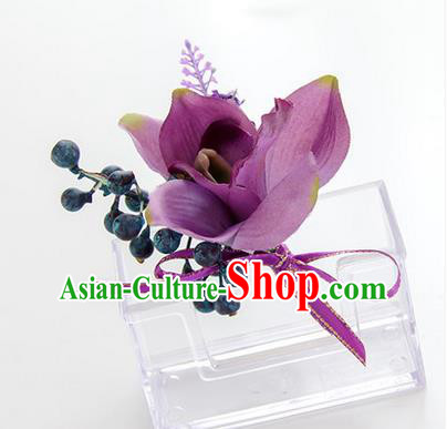 Top Grade Classical Wedding Bacca Purple Silk Flowers,Groom Emulational Corsage Groomsman Brooch Flowers for Men