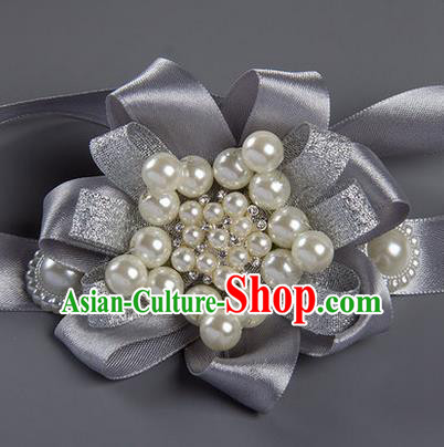 Top Grade Classical Wedding Pearl Grey Ribbon Bangle, Bride Emulational Wrist Flowers Bridesmaid Bracelet Flowers for Women