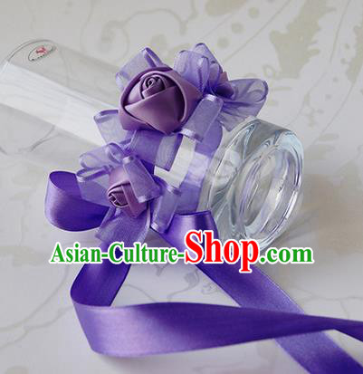 Top Grade Classical Wedding Ribbon Purple Silk Flowers, Bride Emulational Wrist Flowers Bridesmaid Bracelet Flowers for Women