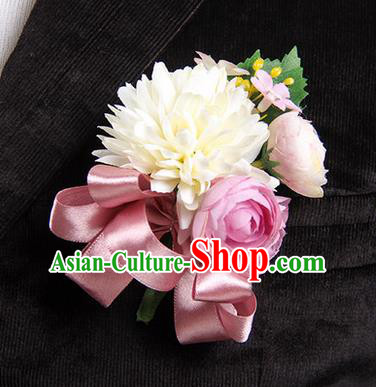 Top Grade Classical Wedding Cameo Brown Ribbon Silk Flowers,Groom Emulational Corsage Groomsman Brooch Flowers for Men