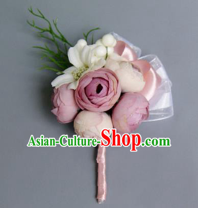 Top Grade Classical Wedding Pink Silk Flowers,Groom Emulational Corsage Brooch Flowers for Men
