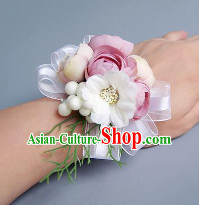 Top Grade Classical Wedding Dusty Pink Silk Flowers, Bride Emulational Wrist Flowers Bridesmaid Bracelet Flowers for Women