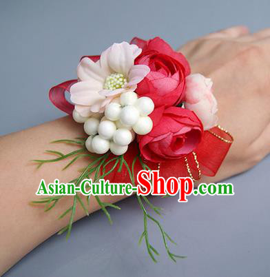 Top Grade Classical Wedding Red Silk Flowers, Bride Emulational Wrist Flowers Bridesmaid Bracelet Flowers for Women