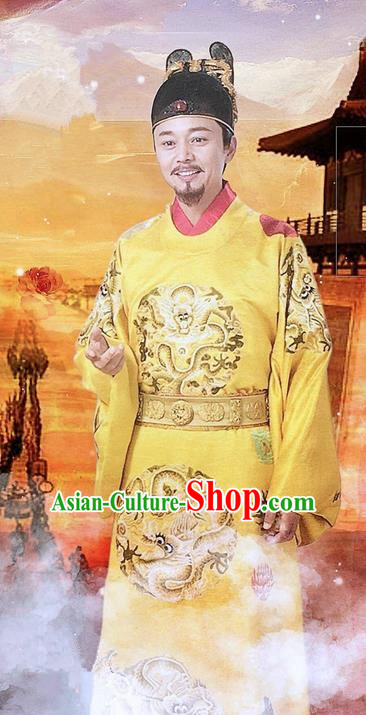 Traditional Ancient Chinese Imperial Emperor Costume and Headpiece Complete Set, Chinese Ming Dynasty Majesty Imperial Robe Embroidered Dragon Clothing