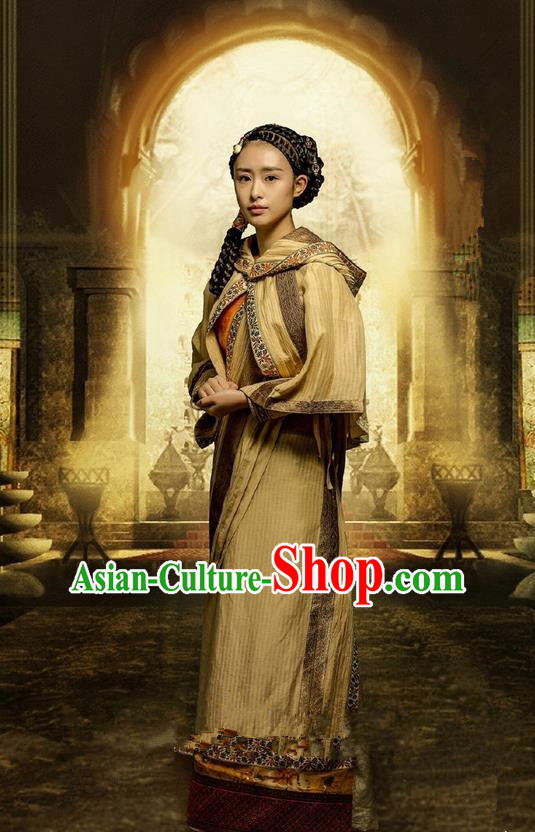 Traditional Ancient Chinese Qiuci Countries Minority Princess Costume and Handmade Headpiece Complete Set, Chinese Qin Dynasty Lady Hanfu Dress Clothing