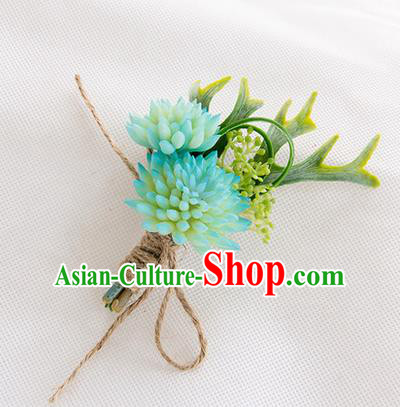 Top Grade Classical Wedding Succulents Flowers,Groom Emulational Corsage Groomsman Blue Brooch Flowers for Men