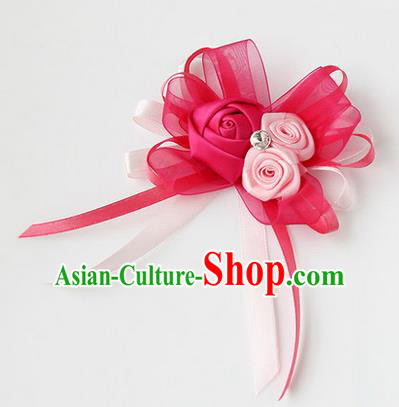 Top Grade Classical Wedding Ribbon Flowers, Bride Emulational Corsage Bridesmaid Rosy Bowknot Brooch Flowers for Women