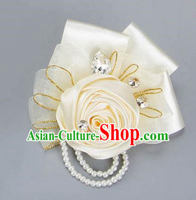 Top Grade Classical Wedding Beige Ribbon Flowers, Bride Emulational Crystal Wrist Flowers Bridesmaid Beads Bracelet Flowers for Women