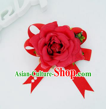 Top Grade Classical Wedding Red Silk Flowers, Bride Emulational Corsage Bridesmaid Bowknot Ribbon Brooch Rose Flowers for Women