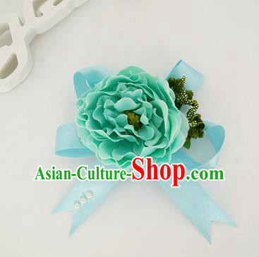 Top Grade Classical Wedding Green Silk Flowers, Bride Emulational Corsage Bridesmaid Bowknot Ribbon Brooch Rose Flowers for Women