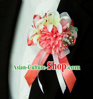 Top Grade Classical Wedding Silk Flowers,Groom Emulational Corsage Groomsman Watermelon Red Brooch Flowers for Men