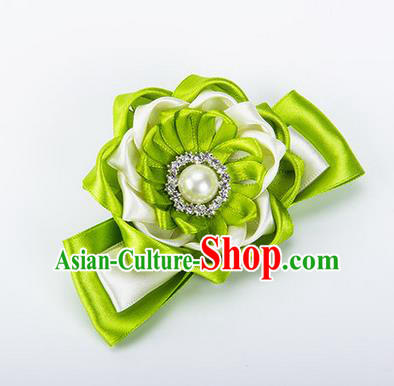 Top Grade Classical Wedding Green Ribbon Silk Bangle Flowers, Bride Emulational Wrist Flowers Bridesmaid Bracelet Pearl Flowers for Women