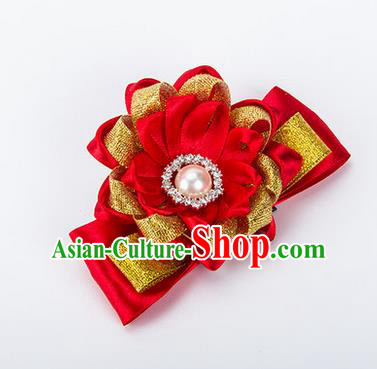 Top Grade Classical Wedding Red Ribbon Silk Bangle Flowers, Bride Emulational Wrist Flowers Bridesmaid Bracelet Pearl Flowers for Women