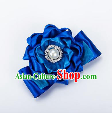 Top Grade Classical Wedding Royalblue Ribbon Silk Bangle Flowers, Bride Emulational Wrist Flowers Bridesmaid Bracelet Pearl Flowers for Women