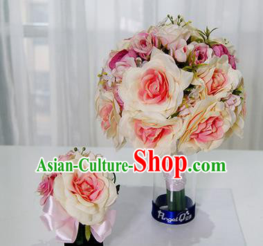 Top Grade Classical Wedding Pink Silk Flowers, Bride Holding Emulational Flowers, Hand Tied Bouquet Flowers Brooch Flowers Wrist Flowers for Women