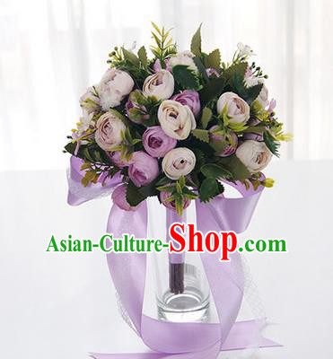 Top Grade Classical Wedding Purple Ribbon Silk Flowers, Bride Holding Emulational Flowers, Hand Tied Bouquet Flowers for Women