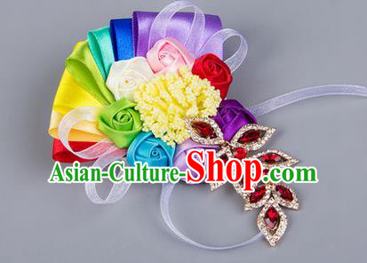 Top Grade Classical Wedding Silk Rose Flowers Bangle, Bride Emulational Tassel Wrist Flowers Bridesmaid Crystal Bracelet Flowers for Women
