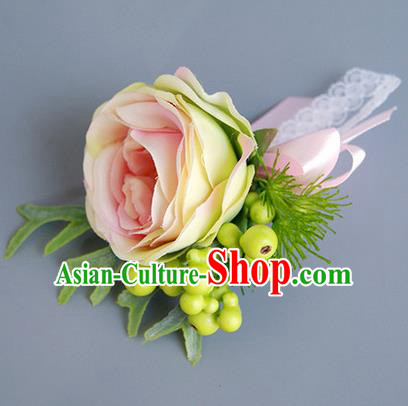 Top Grade Classical Wedding Champagne Rose Corsage Brooch, Bride Emulational Corsage Bridemaid Brooch Flowers for Women