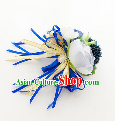 Top Grade Classical Wedding Blue Corsage Brooch, Groom Emulational Corsage Groomsman Brooch Flowers for Men