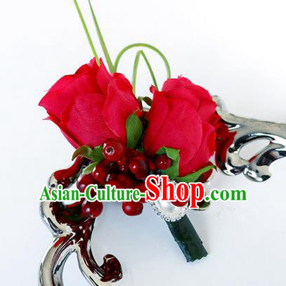 Top Grade Classical Wedding Red Rose Corsage Brooch, Groom Emulational Corsage Groomsman Brooch Flowers for Men