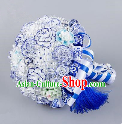 Top Grade Classical China Wedding Blue and White Porcelain Flowers, Bride Holding Emulational Flowers Ball, Hand Tied Bouquet Flowers for Women