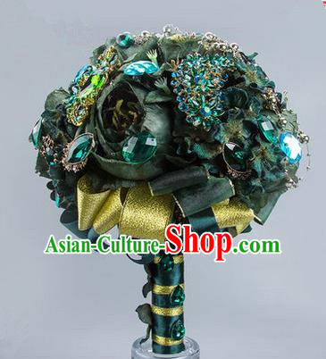 Top Grade Classical China Wedding Extravagant Flowers Nosegay, Bride Holding Luxury Green Crystal Flowers Ball, Tassel Hand Tied Bouquet Flowers for Women