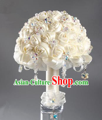 Top Grade Classical China Wedding Extravagant White Ribbon Flowers Nosegay, Bride Holding Luxury Crystal Flowers Ball Hand Tied Bouquet Flowers for Women