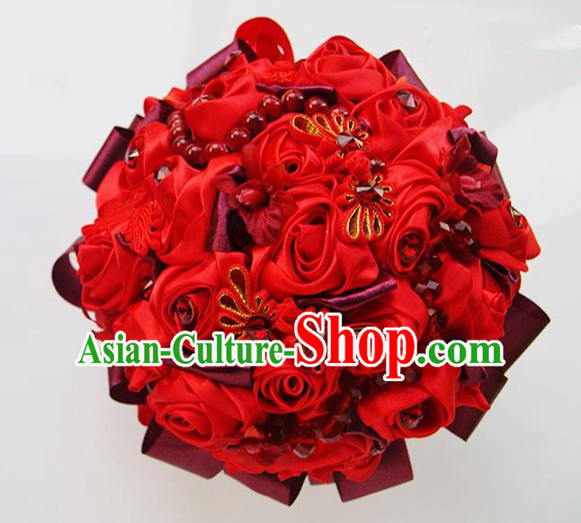 Top Grade Classical China Wedding Extravagant Chinese Knot Rose Flowers Nosegay, Bride Holding Luxury Crystal Flowers Ball Hand Tied Bouquet Flowers for Women