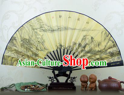 Traditional Chinese Crafts Ebonize Folding Fan, China Sensu Landscape Ink Painting Silk Fan Hanfu Fans for Men