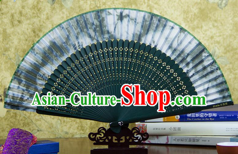 Traditional Chinese Handmade Crafts Green Folding Fan, China Sensu Ink Painting Silk Fan Hanfu Fans for Women