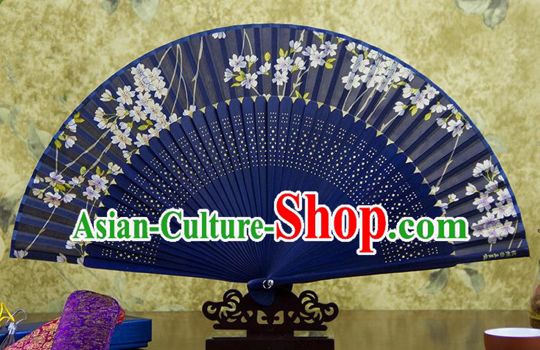 Traditional Chinese Handmade Crafts Blue Folding Fan, China Sensu Printing Flowers Silk Fan Hanfu Fans for Women