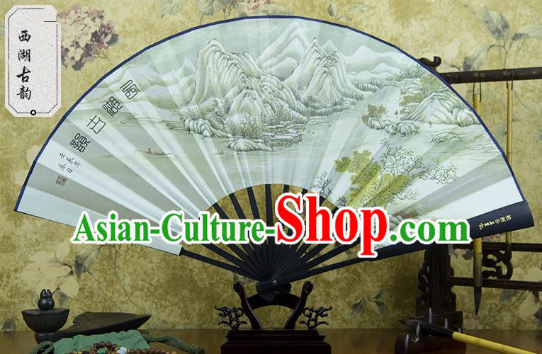 Traditional Chinese Handmade Crafts Ebonize Folding Fan, China Sensu Painting Hangzhou View Silk Fan Hanfu Fans for Men
