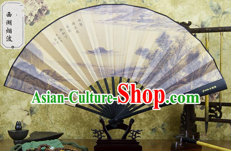 Traditional Chinese Handmade Crafts Ebonize Folding Fan, China Sensu Painting Hangzhou West Lake View Silk Fan Hanfu Fans for Men