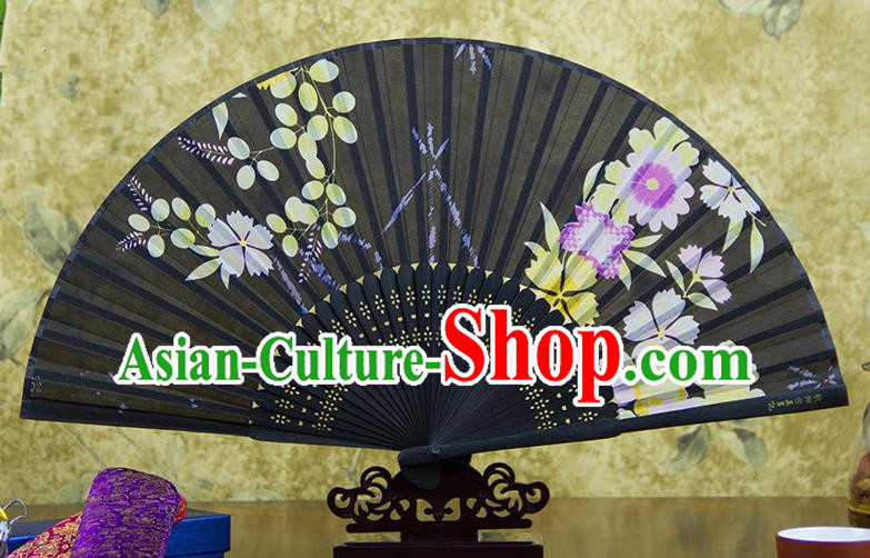 Traditional Chinese Handmade Crafts Folding Fan, China Pink Printing Flowers Sensu Black Silk Fan Hanfu Fans for Women