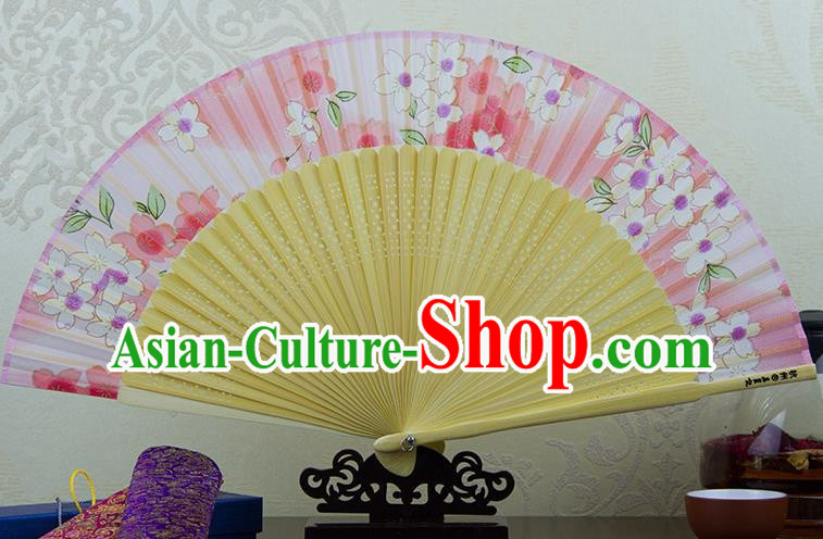 Traditional Chinese Handmade Crafts Folding Fan, China Printing Flowers Sensu Pink Silk Fan Hanfu Fans for Women