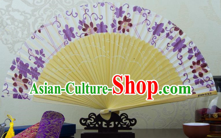Traditional Chinese Handmade Crafts Folding Fan, China Printing Purple Flowers Sensu Silk Fan Hanfu Fans for Women