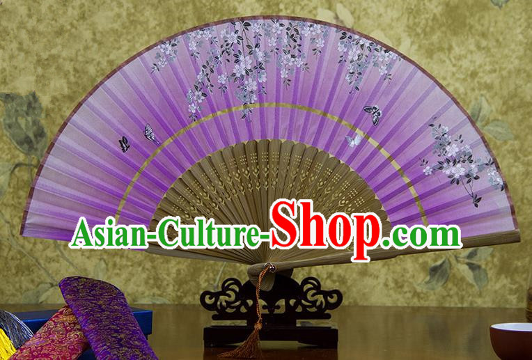 Traditional Chinese Handmade Crafts Two-segment Folding Fan, China Printing Flowers Sensu Lilac Silk Fan Hanfu Fans for Women